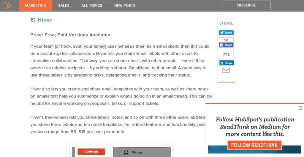 Screenshot of Hiver's inclusion in a Hubspot tool review