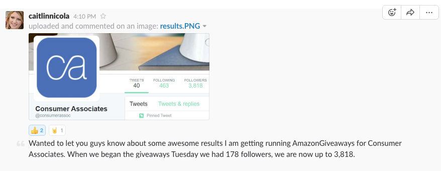 consumer associates increase the twitter followers using contest on amazon
