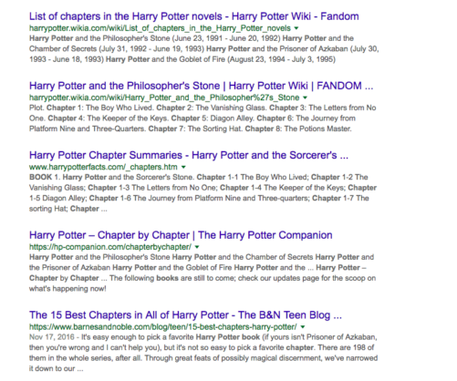 SERP for Harry Potter chapter books